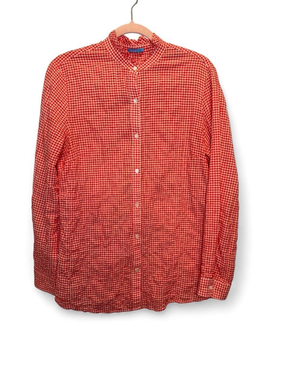J. McLaughlin Red White Gingham Ruffle Collar Button Down Top Large Preppy